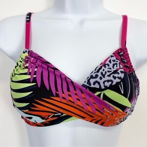 Bar iii Bikini Top Womens Size XS Black Multi Palm Prowl Foliage Twist Front NWT